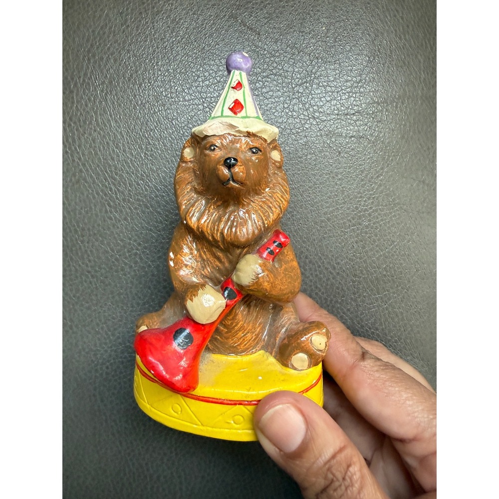 Vintage Enesco Circus Bear Figurine Party Hat Horn Ceramic Yellow Drum Base